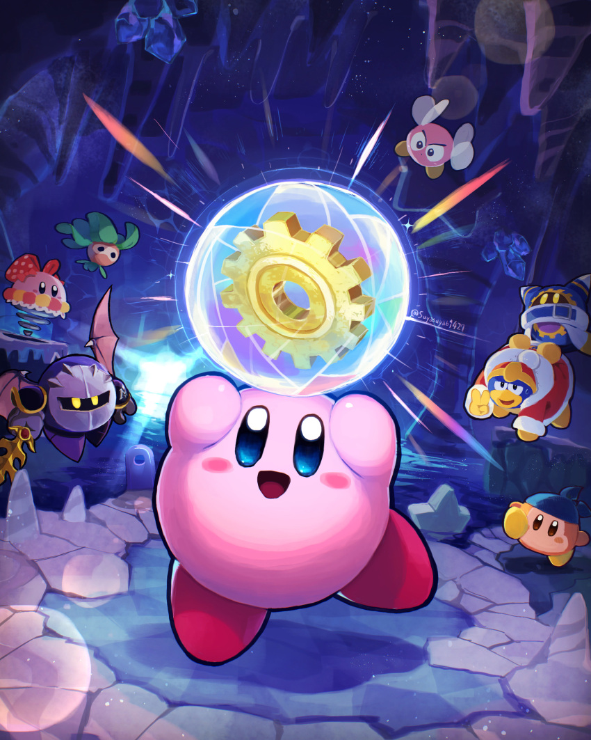 absurdres armor bandana bandana_waddle_dee bat_wings blush_stickers bouncy_sis_(kirby) bronto_burt cave colored_skin energy_sphere_(kirby) galaxia_(sword) highres holding holding_sword holding_weapon king_dedede kirby kirby's_return_to_dream_land kirby_(series) leafan looking_at_viewer magolor mask meta_knight no_humans pauldrons pink_skin pom_pom_(clothes) shoulder_armor smile solid_oval_eyes sparkle stalactite suyasuyabi sword twitter_username v weapon wings yellow_eyes