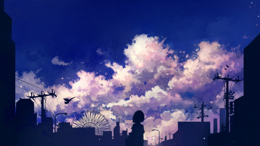 1girl axleaki bird blue_sky bob_cut building city cityscape clouds commentary_request dusk ferris_wheel film_grain floating_hair from_behind highres lamppost original outdoors power_lines scenery short_hair silhouette sky sky_focus solo utility_pole