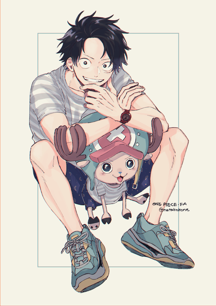 1boy 1other antlers black_eyes black_hair blue_nose bright_pupils commentary_request fingernails full_body hand_on_own_arm hat highres looking_at_viewer male_focus monkey_d._luffy nata_kokone one_piece open_mouth reindeer_antlers shirt shoelaces short_hair short_sleeves shorts sitting striped striped_shirt teeth tony_tony_chopper twitter_username watch watch white_pupils