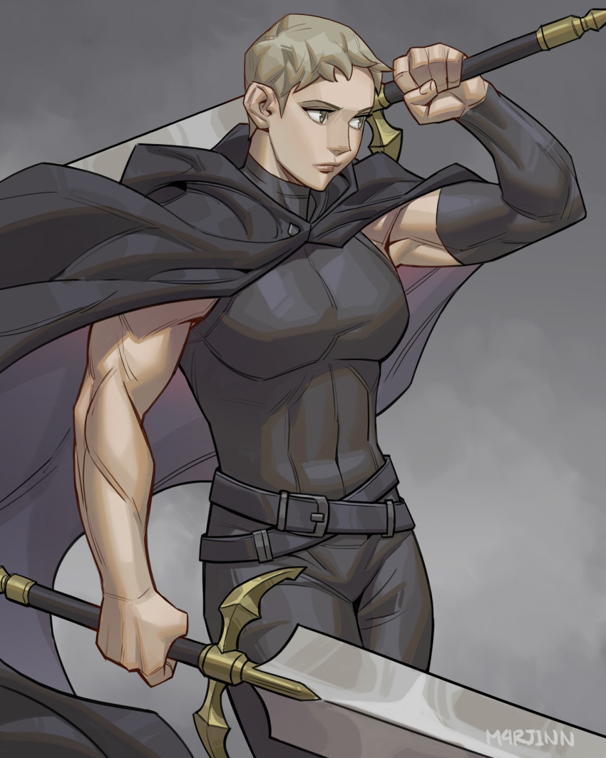 1girl abs belt blonde_hair cape claymore_(series) cloak deneve dual_wielding elbow_gloves gloves greatsword grey_background grey_eyes highres holding looking_to_the_side m4rjinn muscular muscular_female short_hair signature solo sword tank_top toned turtleneck weapon