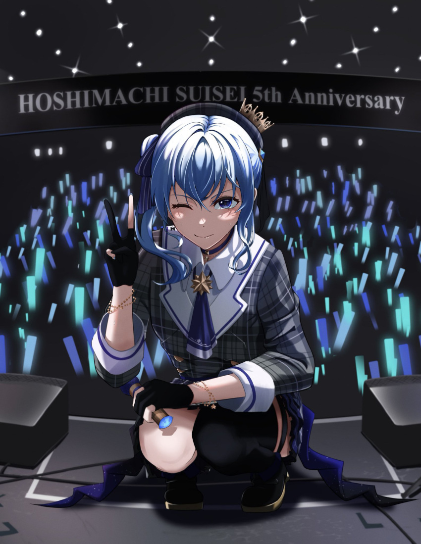 1girl anniversary ascot beret black_choker black_gloves blue_ascot blue_eyes blue_hair botan0912 character_name choker commentary_request crown full_body gloves glowstick grey_headwear hat highres hololive hoshimachi_suisei hoshimachi_suisei_(1st_costume) looking_at_viewer microphone mini_crown one_eye_closed partially_fingerless_gloves penlight side_ponytail single_thighhigh solo squatting stage star_(symbol) thigh-highs v virtual_youtuber