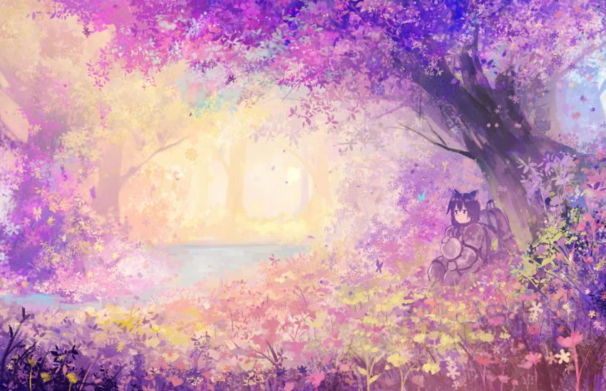 1girl animal_ears axleaki backpack bag black_hair bug butterfly cat_ears cat_girl colorful commentary day falling_leaves flower forest helmet highres holding holding_helmet lake leaf nature original outdoors petals pink_theme scenery sitting solo spacesuit tree water wide_shot