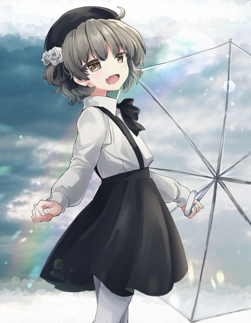 1girl absurdres after_rain ahoge beret black_headwear black_ribbon black_skirt blush brown_eyes brown_hair clenched_hand clouds cloudy_sky collared_shirt commentary_request fang feet_out_of_frame flower from_side hair_flower hair_ornament hair_ribbon hat hatoba_tsugu highres holding holding_umbrella lens_flare long_sleeves looking_at_viewer looking_back mole mole_under_eye neck_ribbon open_mouth outdoors pantyhose rainbow ribbon rose shirt shirt_tucked_in single_hair_ring skin_fang skirt sky smile solo standing sunlight suspender_skirt suspenders transparent transparent_umbrella tsugu_(vtuber) umbrella virtual_youtuber white_flower white_pantyhose white_rose white_shirt yuyupika