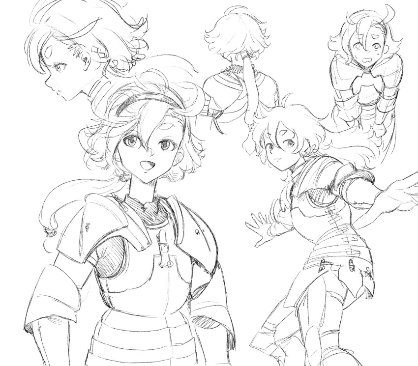 1girl :d ahoge armor breastplate faulds from_behind gundam gundam_suisei_no_majo hairband highres korean_commentary long_hair looking_at_viewer low_ponytail medieval monochrome pirata_(gailtonatiu) plate_armor profile shoulder_armor sketch smile suletta_mercury white_background