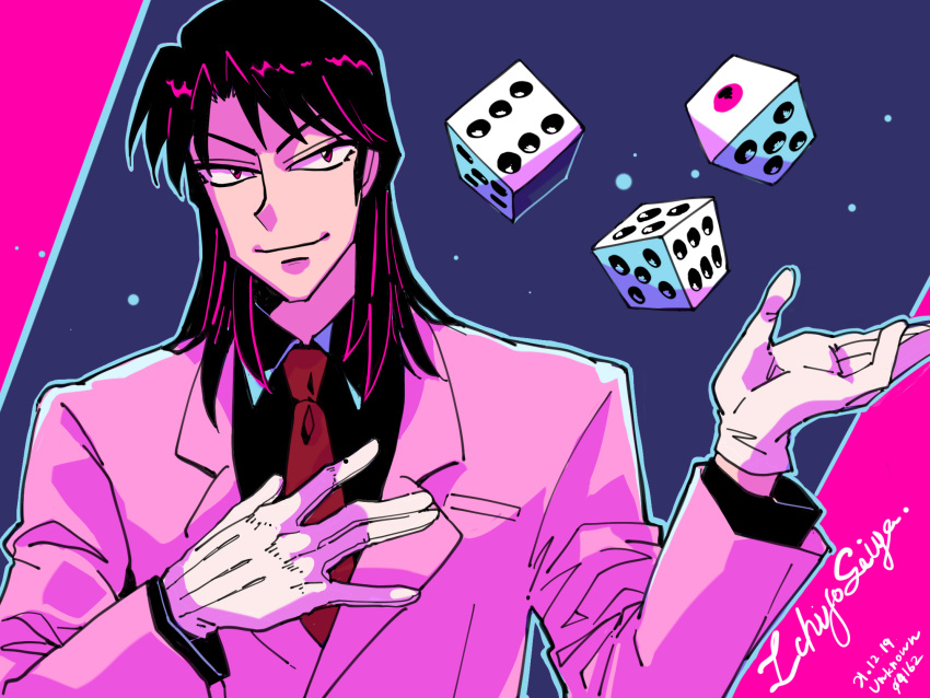 1boy artist_name black_hair black_shirt blue_outline character_name closed_mouth collared_shirt commentary_request dated dice formal gloves highres ichijou_seiya jacket kaiji limited_palette long_hair long_sleeves looking_at_viewer male_focus medium_bangs necktie outline pink_jacket red_necktie shirt smile solo suit unknown03162 upper_body white_gloves