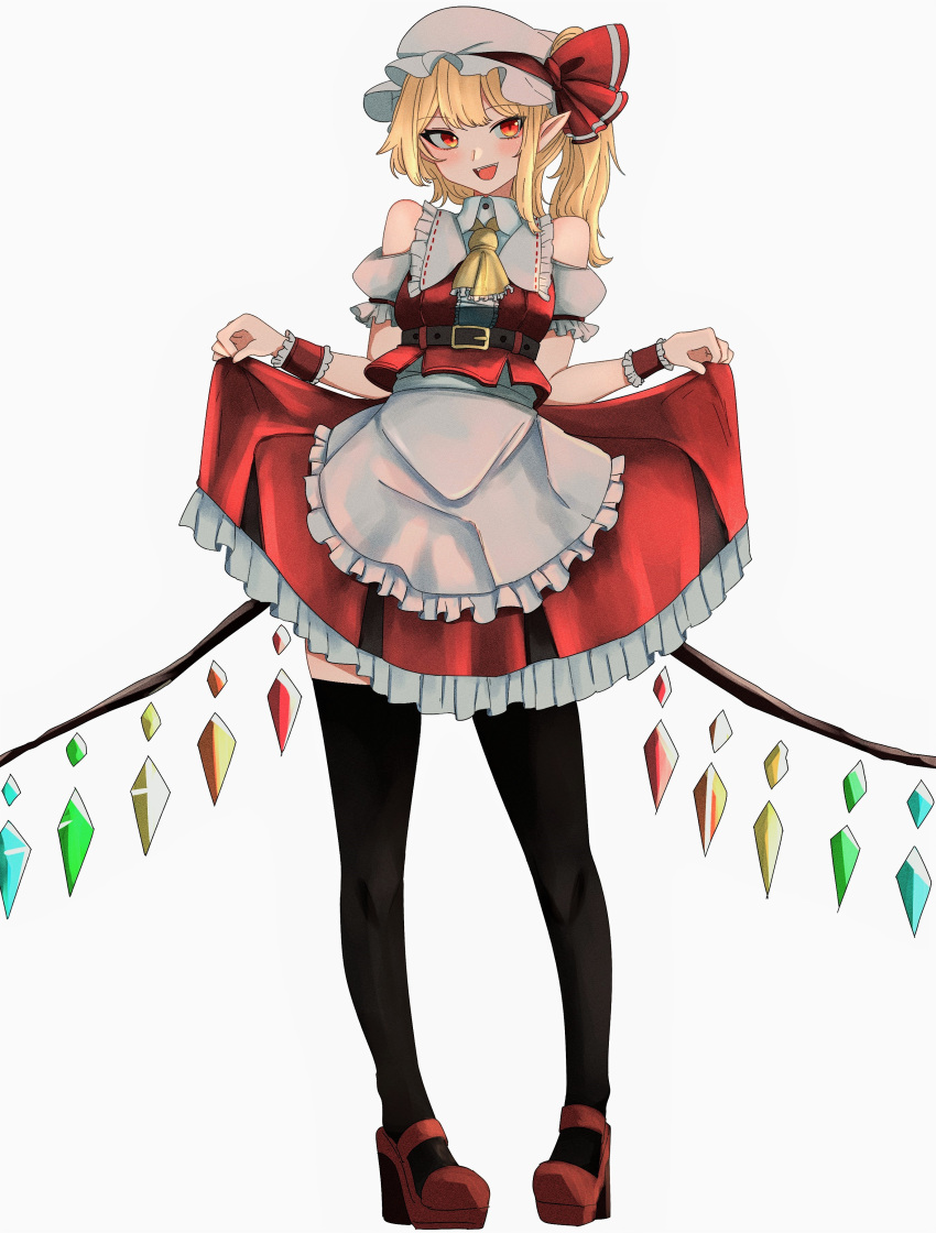 1girl :d absurdres adapted_costume apron ascot bare_shoulders belt black_thighhighs blonde_hair clothes_lift crystal flandre_scarlet full_body hat hat_ribbon highres lifted_by_self looking_at_viewer medium_hair mesuosushi mob_cap open_mouth pointy_ears red_eyes red_footwear red_ribbon red_skirt ribbon simple_background skirt skirt_lift smile solo standing thigh-highs touhou white_apron white_background white_headwear wings wrist_cuffs yellow_ascot