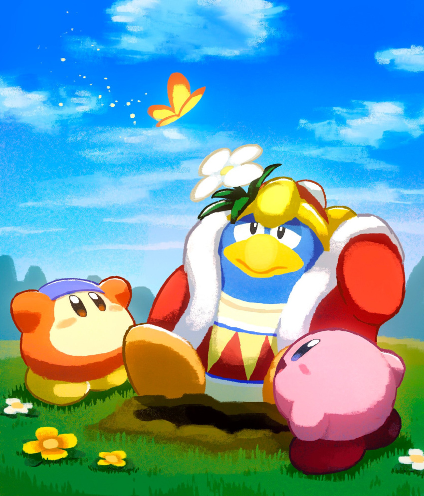 aruco_co bandana bandana_waddle_dee blue_sky blush_stickers bug butterfly butterfly_wings clouds commentary flower grass highres king_dedede kirby kirby_(series) looking_up no_humans open_mouth sky smile solid_oval_eyes symbol-only_commentary white_flower wings yellow_flower