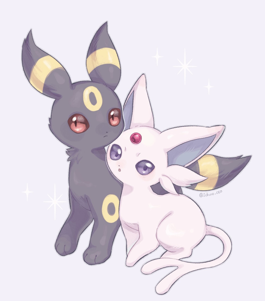 :o closed_mouth commentary_request espeon forehead_jewel grey_background highres ichino_cco looking_at_viewer no_humans pokemon pokemon_(creature) red_eyes twitter_username umbreon violet_eyes watermark