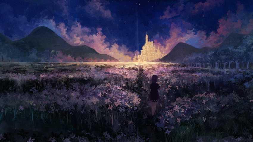 1girl axleaki black_dress clouds commentary_request dress field flower flower_field forest from_behind highres landscape mountain mountainous_horizon nature night night_sky original outdoors scenery short_hair short_sleeves sky solo standing star_(sky) starry_sky tree twilight very_wide_shot