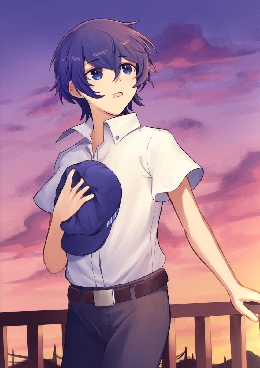 1girl belt blue_eyes blue_headwear blue_pants brown_belt crossdressing gradient_sky hair_between_eyes hat highres holding holding_clothes holding_hat kuki_tan looking_to_the_side open_mouth orange_sky outdoors pants persona persona_4 purple_sky reverse_trap shirogane_naoto shirt short_hair short_sleeves sidelocks sky solo sunset white_shirt
