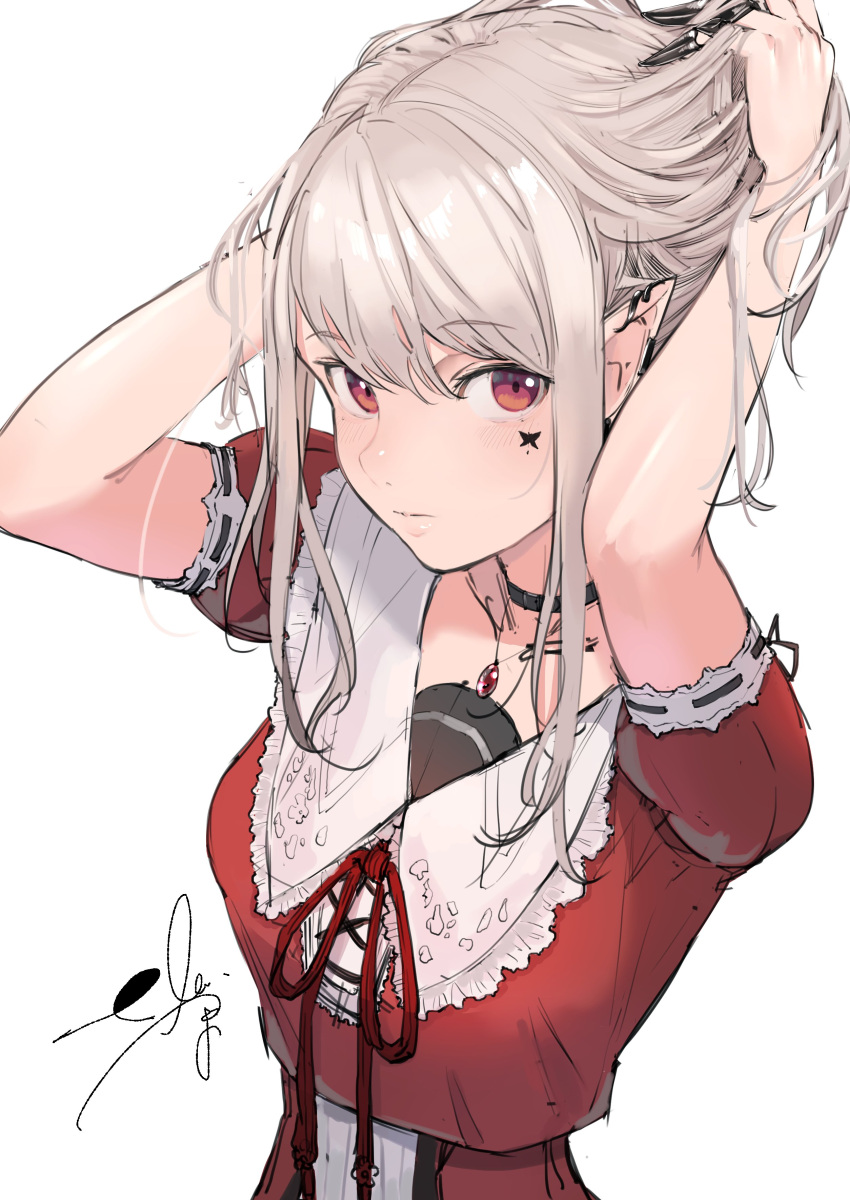 1girl absurdres adjusting_hair arms_up blush claw_ring closed_mouth collar commentary dress earclip elu_(nijisanji) facial_mark frilled_shirt_collar frills hair_between_eyes head_tilt highres jewelry lips long_hair looking_at_viewer mole mole_under_eye neck_ribbon necklace nijisanji ogura_tubuan parted_bangs pointy_ears puffy_short_sleeves puffy_sleeves red_dress red_eyes red_ribbon ribbon ribbon-trimmed_sleeves ribbon_trim sailor_collar shirt short_sleeves sidelocks signature simple_background solo upper_body virtual_youtuber white_background