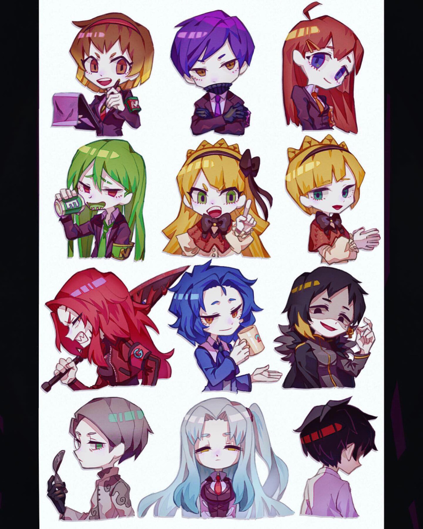 6+boys 6+girls ahoge angela_(project_moon) aqua_eyes armband ascot ayin_(project_moon) binah_(project_moon) black_gloves black_hair black_jacket black_sweater black_vest blonde_hair blue_ascot blue_hair blue_jacket braid breasts brown_capelet brown_eyes brown_hair brown_hairband brown_ribbon can capelet chesed_(project_moon) clenched_teeth closed_mouth collared_shirt commentary_request crossed_arms crown_braid cup enkephalin_(project_moon) eyebrow_cut gebura_(project_moon) gloves gradient_hair green_armband green_eyes green_hair green_necktie grey_hair grey_shirt hair_ornament hair_ribbon hairband hairclip highres hod_(project_moon) hokma_(project_moon) holding holding_can holding_cup holding_notepad holding_pen holding_sword holding_weapon index_finger_raised jacket lab_coat light_blue_hair lobotomy_corporation long_hair long_sleeves malkuth_(project_moon) matsuba_(mtbsbr721) medium_breasts mole mole_under_eye mug multicolored_hair multiple_boys multiple_girls neck_ribbon necktie netzach_(project_moon) notepad one_side_up open_clothes open_jacket open_mouth orange_necktie parted_bangs pen project_moon purple_hair purple_necktie red_armband red_hairband red_jacket red_shirt redhead ribbed_sweater ribbon shaded_face sharp_teeth shirt short_hair small_breasts smile streaked_hair sweater sword teeth tiphereth_a_(project_moon) tiphereth_b_(project_moon) turtleneck turtleneck_sweater upper_teeth_only vest weapon white_shirt yellow_eyes yesod_(project_moon)