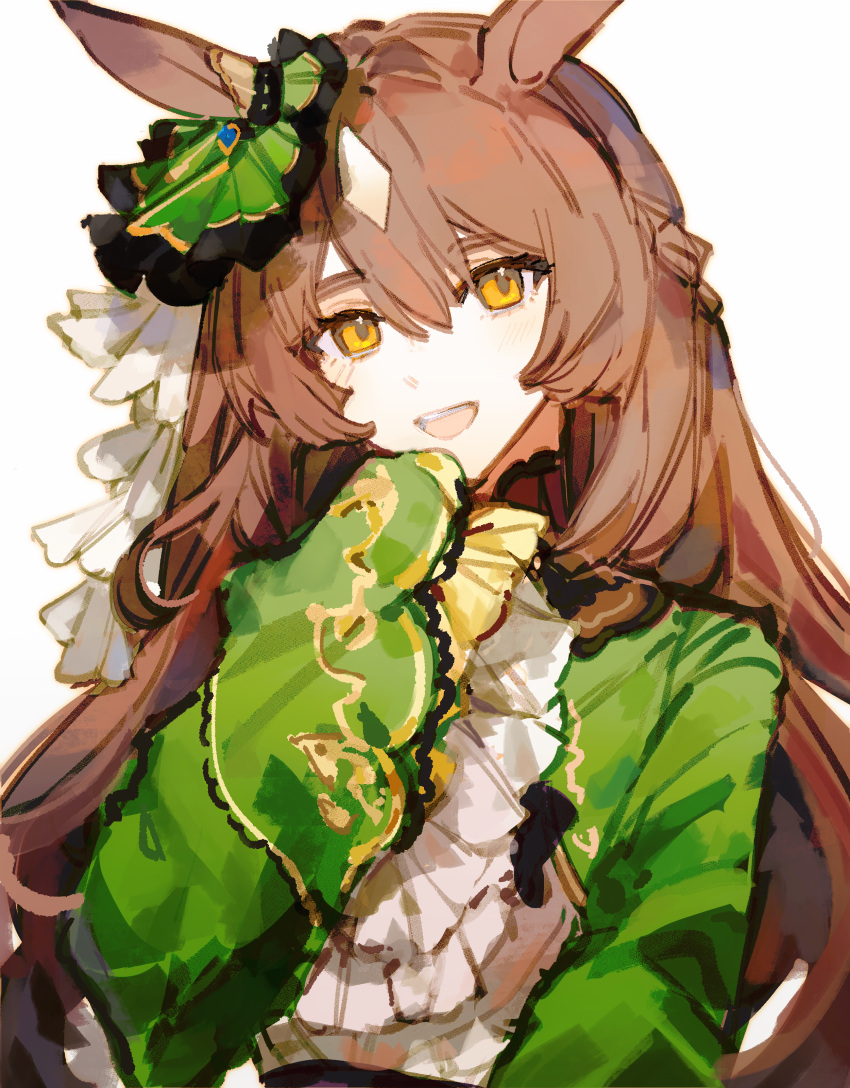 1girl absurdres animal_ears ascot braid brown_hair commentary dress ear_ornament french_braid frilled_dress frills green_dress hair_between_eyes highres hikawayunn horse_ears horse_girl long_hair looking_at_viewer multicolored_hair open_mouth satono_diamond_(umamusume) sleeves_past_fingers sleeves_past_wrists smile solo streaked_hair umamusume upper_body very_long_sleeves white_ascot white_hair yellow_eyes