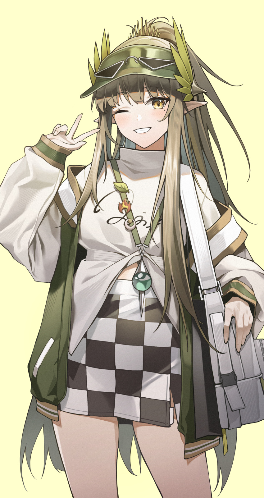 1girl absurdres arknights bag brown_background brown_eyes brown_hair checkered_clothes checkered_skirt eyewear_on_headwear green_headwear grey-framed_eyewear grin hand_up highres long_hair long_sleeves looking_at_viewer mole mole_under_eye muelsyse_(arknights) one_eye_closed pointy_ears ponytail puffy_long_sleeves puffy_sleeves shirt shoulder_bag simple_background skirt sleeves_past_wrists smile solo standing sunglasses umie_(iowae) v very_long_hair visor_cap white_shirt