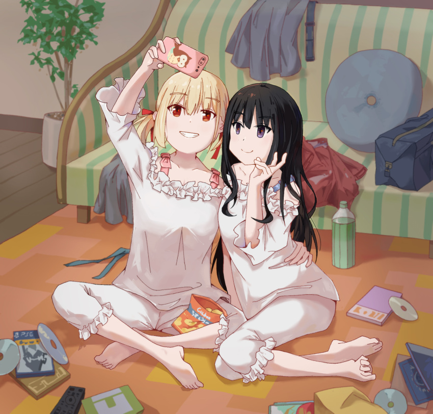 2girls ayaseasumi bare_shoulders barefoot black_hair blonde_hair blurry blurry_background cellphone chips_(food) clenched_teeth closed_mouth commentary_request controller couch food frilled_pants frilled_shirt frills hair_between_eyes hand_around_waist highres holding holding_phone indian indoors inoue_takina long_hair looking_up lycoris_recoil multiple_girls nishikigi_chisato off-shoulder_shirt off_shoulder pajamas pants phone plant potted_plant red_eyes remote_control selfie shirt short_hair sidelocks sitting smartphone smile taking_picture teeth twintails v violet_eyes white_pants white_shirt yokozuwari yuri