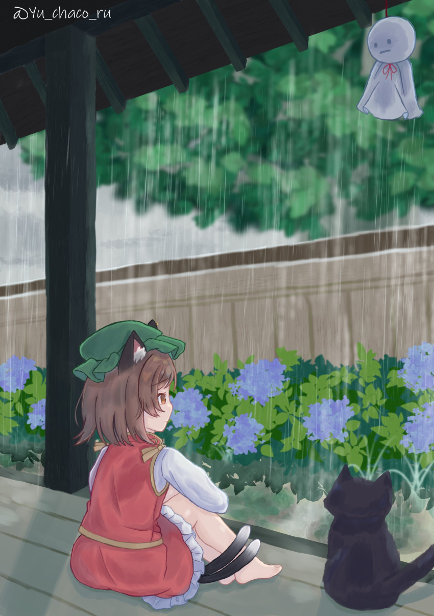 1girl absurdres animal_ear_fluff animal_ears bare_legs barefoot black_cat blue_flower blurry blurry_background bush cat cat_ears cat_tail chen child commentary_request fence flower frills gold_trim hat highres hydrangea knees_up long_sleeves looking_ahead mob_cap multiple_tails nekomata outdoors overcast profile rain red_skirt red_vest skirt skirt_set sky solo tail touhou tree two_tails vest wooden_fence yu_chaco_ru