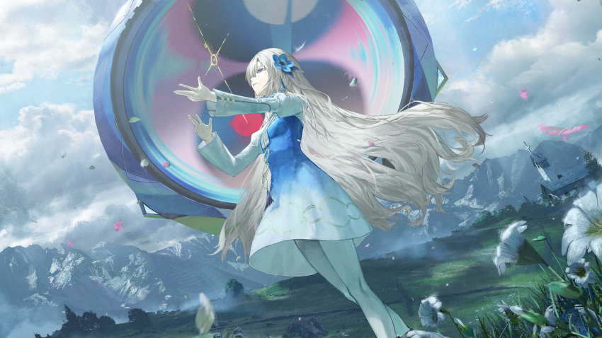 1girl absurdres blue_dress blue_flower blue_hair building church clouds dress feet_out_of_frame field floating floating_hair floating_object flower grey_eyes grey_hair gyoukan_(jfxc) hair_flower hair_ornament hair_over_one_eye highres isekai_joucho kamitsubaki_studio key long_hair long_sleeves mountain multicolored_hair nature outdoors pantyhose parted_lips petals sky solo two-tone_dress two-tone_hair very_long_hair virtual_youtuber white_dress white_flower white_pantyhose