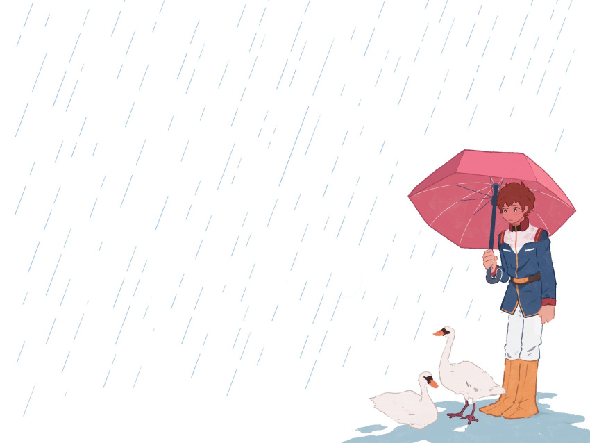 1boy :| amuro_ray bird blue_jacket boots bright_pupils closed_mouth commentary full_body goose gundam highres holding holding_umbrella jacket knee_boots long_sleeves male_focus mobile_suit_gundam oriazhez pants pink_umbrella puddle rain short_hair simple_background solo standing umbrella uniform white_background white_pants white_pupils wide_shot yellow_footwear
