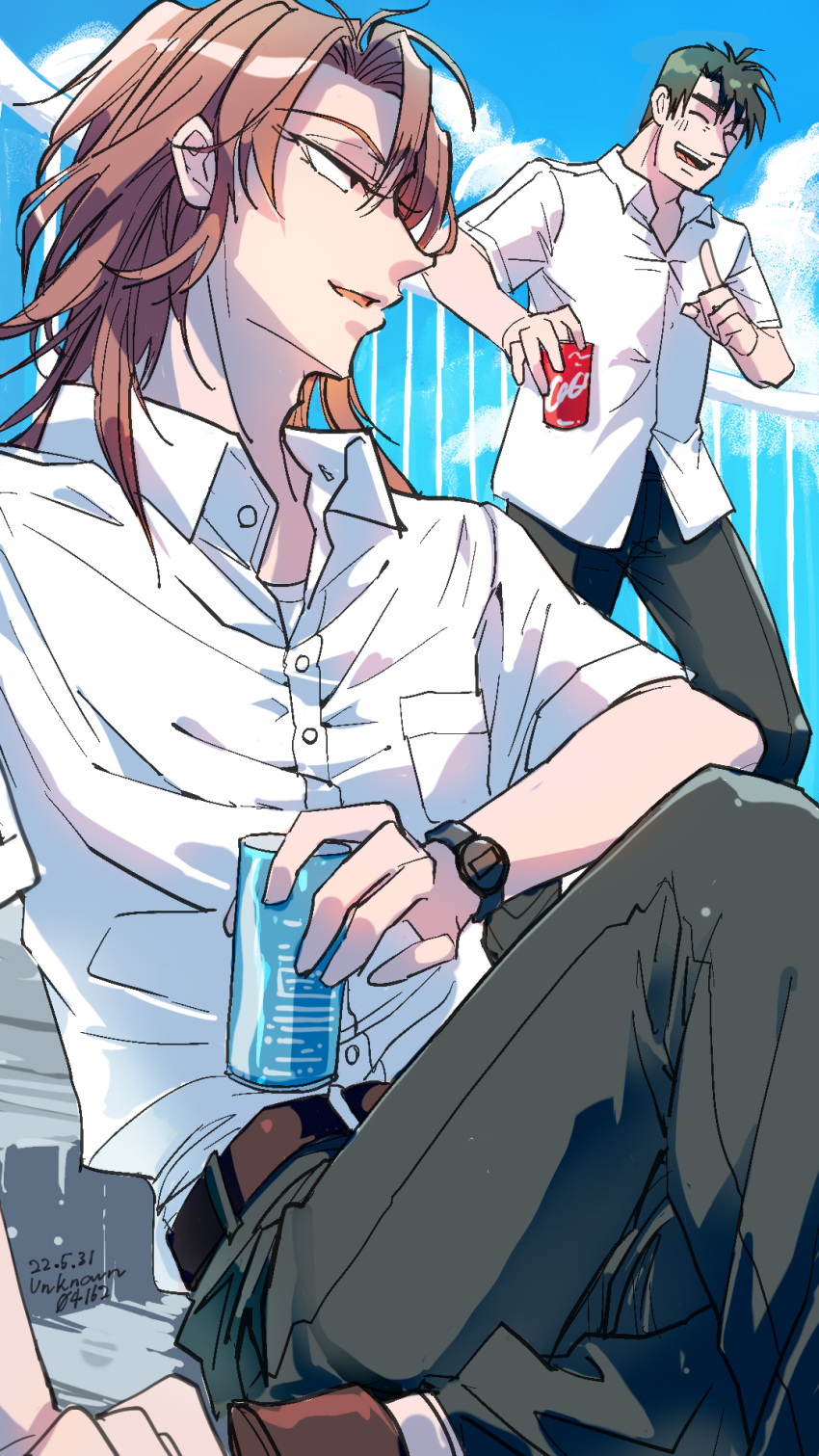 2boys artist_name belt black_eyes black_hair black_pants blue_sky breast_pocket brown_belt brown_hair can closed_eyes clouds coca-cola collared_shirt commentary_request dated day feet_out_of_frame highres holding holding_can ichijou_seiya index_finger_raised joukyou_seikatsuroku_ichijou kaiji long_hair looking_at_another male_focus medium_bangs multiple_boys murakami_tamotsu open_mouth outdoors pants pocket shirt short_hair sitting sky smile soda_can standing unknown03162 white_shirt
