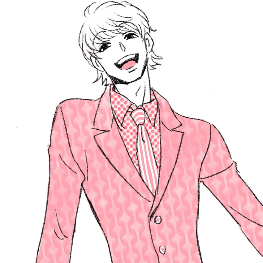 1boy blonde_hair formal gssy_0 highres hunter_x_hunter long_sleeves looking_at_viewer male_focus necktie pariston_hill polka_dot polka_dot_shirt shirt short_hair simple_background smile solo striped_necktie suit upper_body white_background