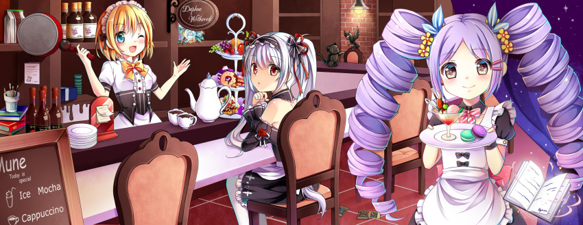 3girls :o ;d apron bare_shoulders bird black_cat black_corset black_dress blonde_hair blue_bow blue_eyes blush book book_stack bottle bow bowtie cafe card cat center_frills chair chalkboard character_request cocktail_glass corset crow cup curtains dress drill_hair drinking_glass feet_out_of_frame flower food frilled_apron frilled_dress frills frying_pan grey_eyes gyaza hair_bow hair_flower hair_ornament hair_ribbon hairclip hands_up head_rest highres holding holding_frying_pan holding_plate ice_cream indoors long_hair looking_at_viewer macaron maid maid_apron maid_headdress menu_board multiple_girls off-shoulder_dress off_shoulder on_chair one_eye_closed open_book pantyhose plate puffy_short_sleeves puffy_sleeves purple_hair red_eyes red_ribbon ribbon short_hair short_sleeves sitting smile striped striped_bow twin_drills twintails upper_body very_long_hair white_apron white_dress white_hair white_pantyhose wine_bottle yellow_bow yellow_bowtie yu-gi-oh!