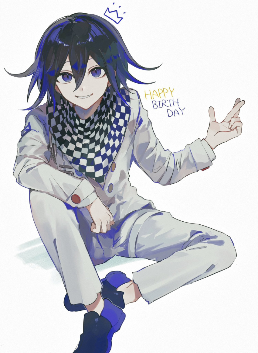 1boy black_footwear black_hair buttons checkered_clothes checkered_scarf crown_print danganronpa_(series) danganronpa_v3:_killing_harmony double-breasted grey_jacket grey_pants hair_between_eyes happy_birthday highres jacket knee_up long_sleeves male_focus multicolored_hair nemari_(nemaru_0907) oma_kokichi pants purple_footwear purple_hair scarf shoes simple_background sitting smile solo two-tone_hair violet_eyes white_background