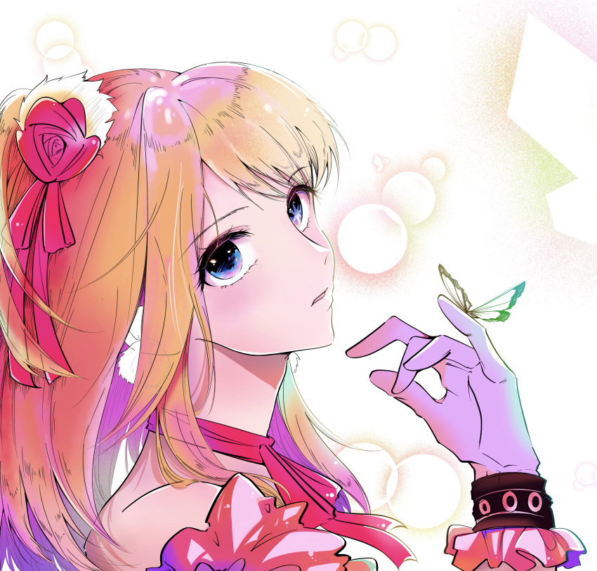 1girl absurdres alternate_eye_color blonde_hair blue_eyes bug butterfly butterfly_on_hand chinese_commentary choker commentary_request floating_hair flower frills hair_flower hair_ornament highres hoshino_ruby lens_flare looking_at_viewer mismatched_pupils one_side_up oshi_no_ko parted_lips pink_choker posycola ribbon_choker shadow sidelocks solo star-shaped_pupils star_(symbol) symbol-shaped_pupils upper_body