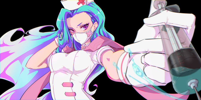 1girl absurdres blue_hair breasts cross estelle_(omega_strikers) gloves gradient_hair hat highres holding holding_syringe long_hair mask mouth_mask multicolored_hair nurse nurse_cap omega_strikers outstretched_arm pokechun29 purple_hair simple_background solo syringe violet_eyes white_gloves