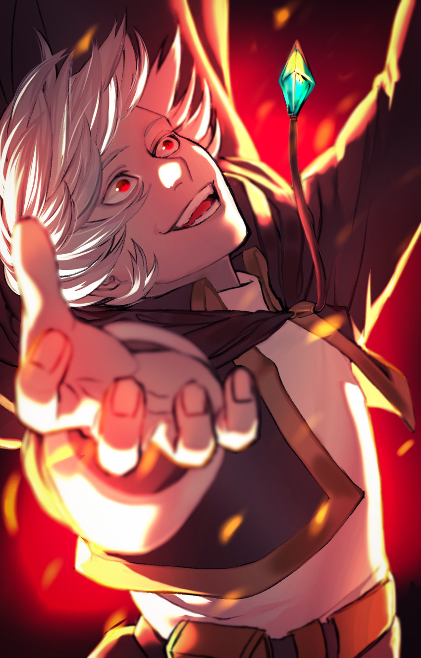 1boy absurdres arms_up belt black_cape black_jacket cape clasp crazy_smile embers gem highres jacket male_focus ourn_the_inventor pixiv_fantasia pixiv_fantasia_last_saga pouch red_background red_eyes shirt solo soymilk_00 white_hair white_shirt