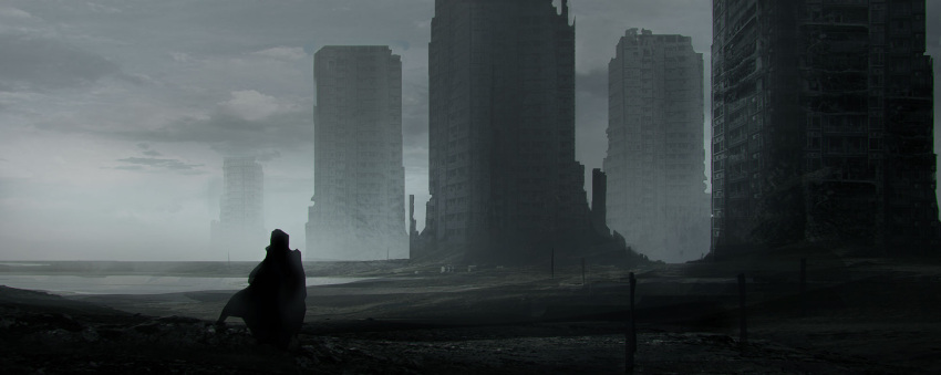 1other building city cityscape cloak clouds cloudy_sky commentary dark day from_behind haru_akira highres original outdoors post-apocalypse ruins scenery sky solo standing wide_shot