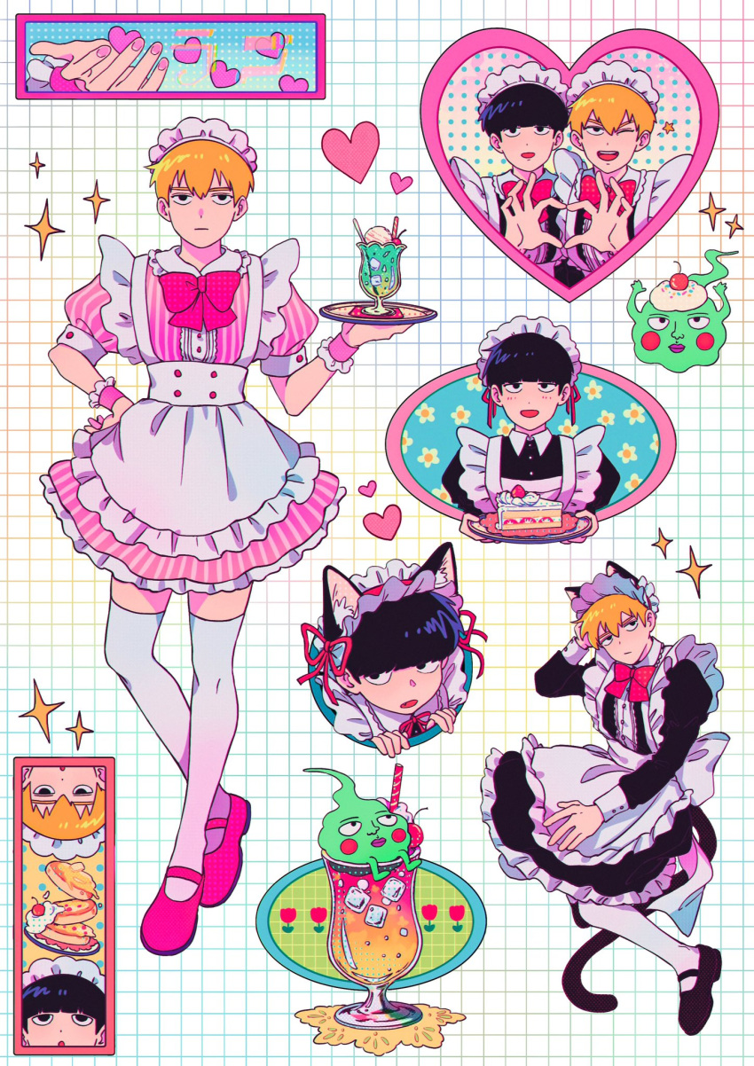 2boys alternate_costume animal_ears apron black_dress black_footwear black_hair blonde_hair cake cake_slice cat_boy cat_ears cat_tail closed_mouth cm_wm commentary crossdressing cup dress drinking_glass ekubo_(mob_psycho_100) enmaided food food_on_head frilled_apron frilled_dress frills grid_background heart heart_hands heart_hands_duo highres holding holding_food holding_tray kageyama_shigeo kemonomimi_mode long_sleeves looking_at_viewer maid maid_apron maid_headdress male_focus mob_psycho_100 multiple_boys multiple_views object_on_head one_eye_closed open_mouth pink_dress pink_footwear pink_nails puffy_short_sleeves puffy_sleeves reigen_arataka short_hair short_sleeves simple_background smile spirit standing symbol-only_commentary tail thigh-highs tray white_background white_thighhighs