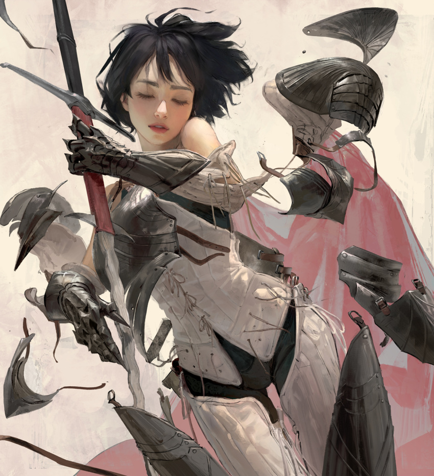 1girl armor black_pants breastplate cape closed_eyes floating_hair gauntlets greaves highres holding holding_sword holding_weapon knight leaning_to_the_side original pants parted_lips realistic red_cape red_lips sangsoo_jeong short_hair shoulder_armor solo sword vest weapon white_vest