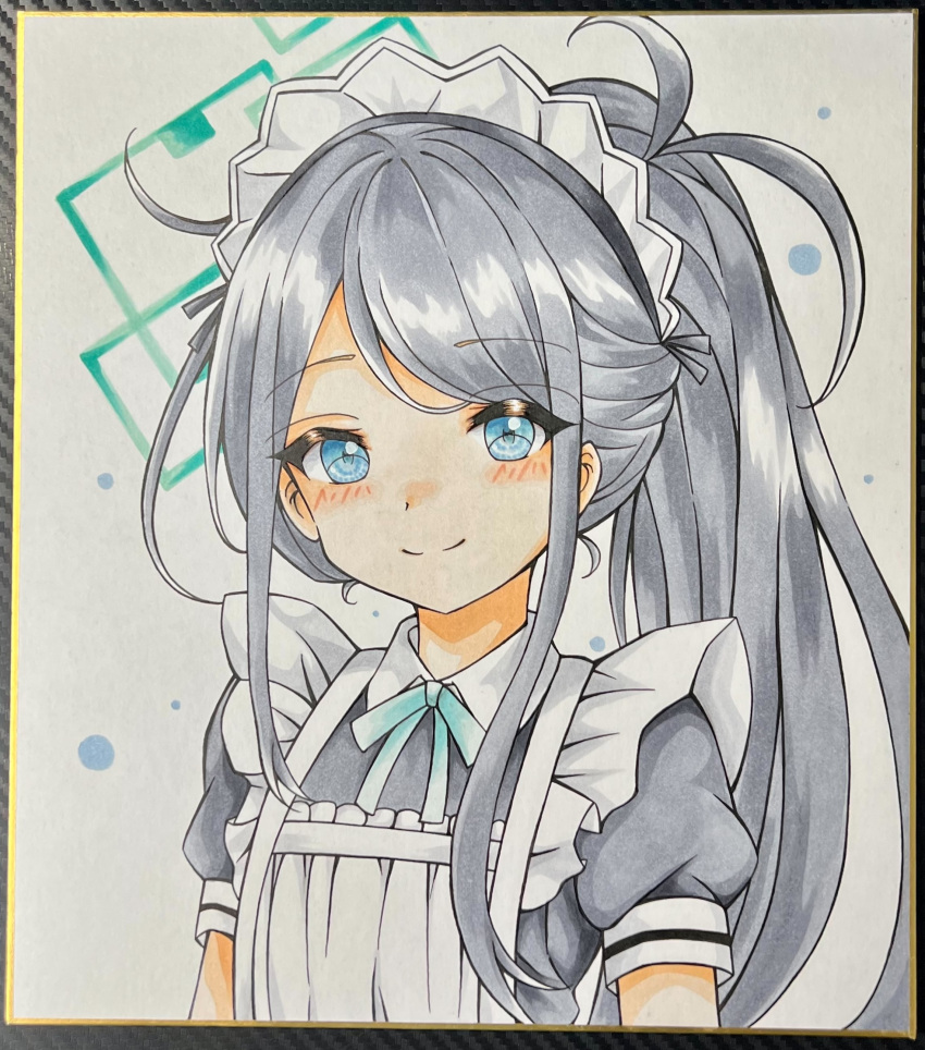 1girl absurdres apron aris_(blue_archive) aris_(maid)_(blue_archive) blue_archive blue_bow blue_eyes bow closed_mouth collared_dress commentary_request dakkusu dress frilled_apron frills grey_dress grey_hair halo highres long_hair looking_at_viewer maid maid_apron photo_(medium) ponytail puffy_short_sleeves puffy_sleeves short_sleeves smile solo swept_bangs traditional_media upper_body very_long_hair white_apron