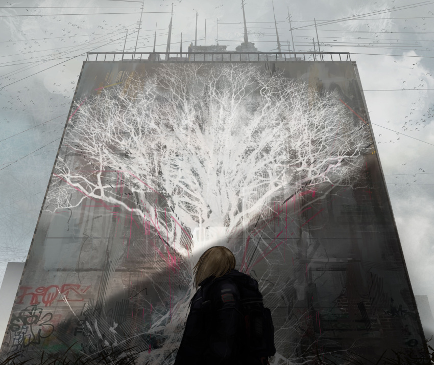 1other absurdres bird black_jacket blonde_hair building clouds cloudy_sky commentary_request day floating_hair graffiti haru_akira highres jacket mural original outdoors partial_commentary power_lines railing scenery shadow sky solo standing tree upper_body wall wide_shot