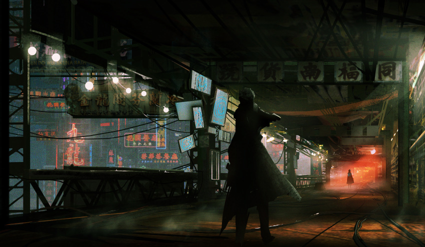 2others aiming building cable city cloak commentary_request film_grain haru_akira highres indoors lamp multiple_others neon_lights original pointing_gun scenery screen silhouette standing translation_request wide_shot