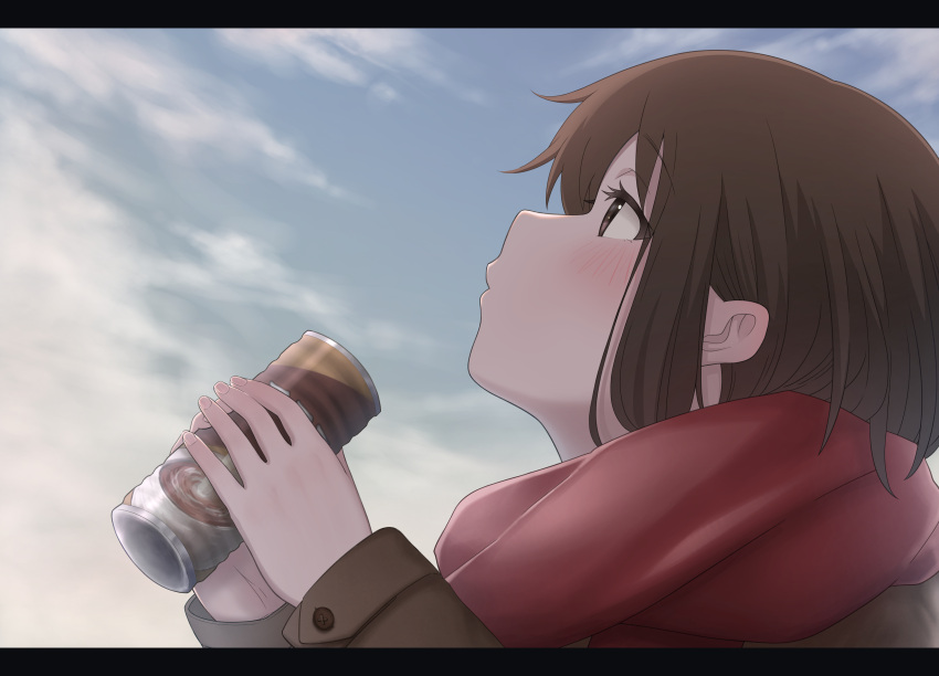 1girl 46_crt absurdres blue_sky brown_coat brown_eyes brown_hair can canned_coffee clouds coat commentary_request drink from_side highres holding holding_can holding_drink letterboxed long_sleeves original red_scarf scarf scenery sky solo winter