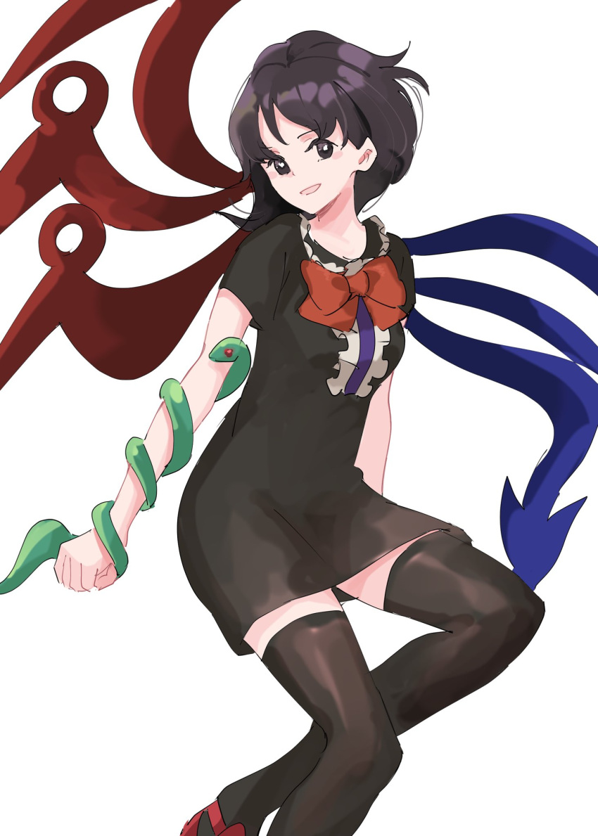 1girl :d asymmetrical_wings black_dress black_eyes black_hair black_thighhighs blue_wings bow bowtie breasts center_frills dress feet_out_of_frame frills hair_behind_ear highres houjuu_nue long_hair looking_at_viewer one-hour_drawing_challenge open_mouth red_bow red_bowtie red_wings short_sleeves simple_background small_breasts smile snake solo thigh-highs tohoyuukarin touhou white_background wings zettai_ryouiki