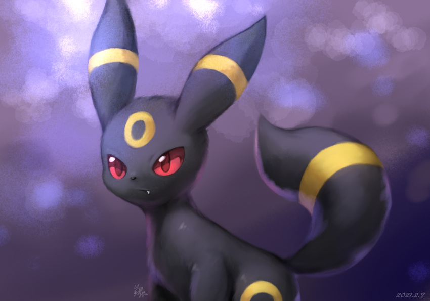 animal_focus animal_nose black_fur colored_sclera dated fang feet_out_of_frame highres no_humans pokemon pokemon_(creature) purple_background red_eyes red_sclera ryuma210 signature standing umbreon
