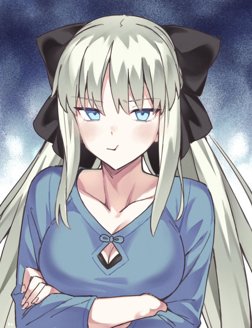 1girl alternate_costume black_bow blue_eyes blue_shirt blush bow casual closed_mouth collarbone commentary_request crossed_arms fate/grand_order fate_(series) grey_hair hair_bow highres long_hair long_sleeves looking_at_viewer mitsurugi_sugar morgan_le_fay_(fate) pout shirt sidelocks solo twintails very_long_hair