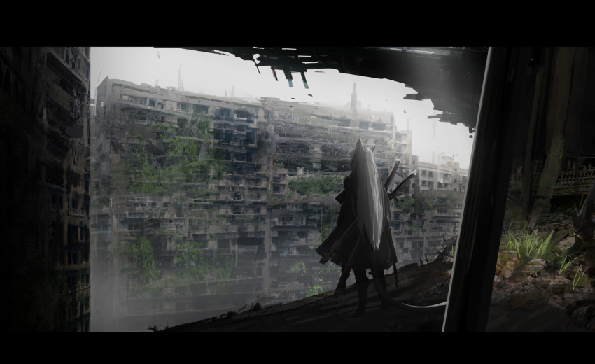 1girl animal_ears black_cloak building cloak commentary day from_behind haru_akira letterboxed long_hair original outdoors post-apocalypse ruins scenery solo standing sword sword_on_back tail very_long_hair weapon weapon_on_back white_hair
