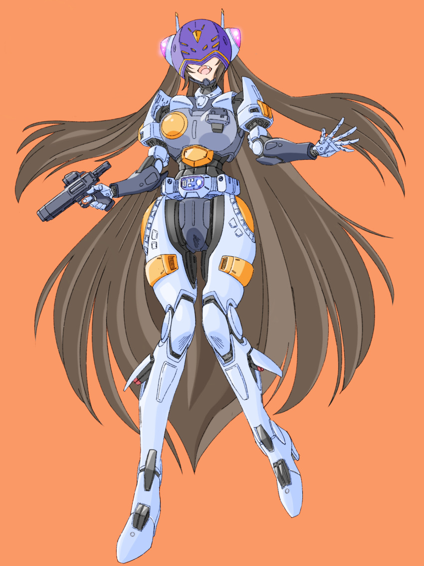 1girl brown_hair commentary_request commission cyborg fang full_body gun handgun helmet highres holding holding_gun holding_weapon joints koube_masahiko long_hair open_mouth orange_background original pixiv_commission robot_joints science_fiction solo two_side_up very_long_hair weapon
