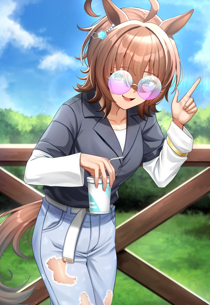 1girl agnes_tachyon_(umamusume) ahoge animal_ears bespectacled black_shirt bracelet brown_hair chemical_structure collarbone collared_shirt commentary_request cowboy_shot cup denim disposable_cup drinking_straw earrings glasses hair_between_eyes highres holding holding_cup horse_ears horse_girl horse_tail jeans jewelry long_sleeves looking_at_viewer mixed-language_commentary motsushi official_alternate_costume open_mouth pants pointing pointing_up red_eyes round_eyewear shirt short_hair single_earring smile solo sunglasses tail torn_clothes torn_jeans torn_pants umamusume white_shirt