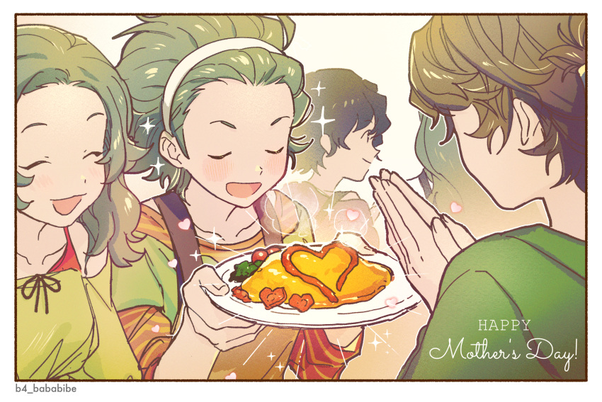 1boy 4girls apron b4_bababibe border closed_eyes english_text food giving green_hair hair_pulled_back headband heart highres holding holding_food idolmaster idolmaster_side-m mitarai_shouta mother's_day mother_and_son multiple_girls omelet omurice own_hands_together smile