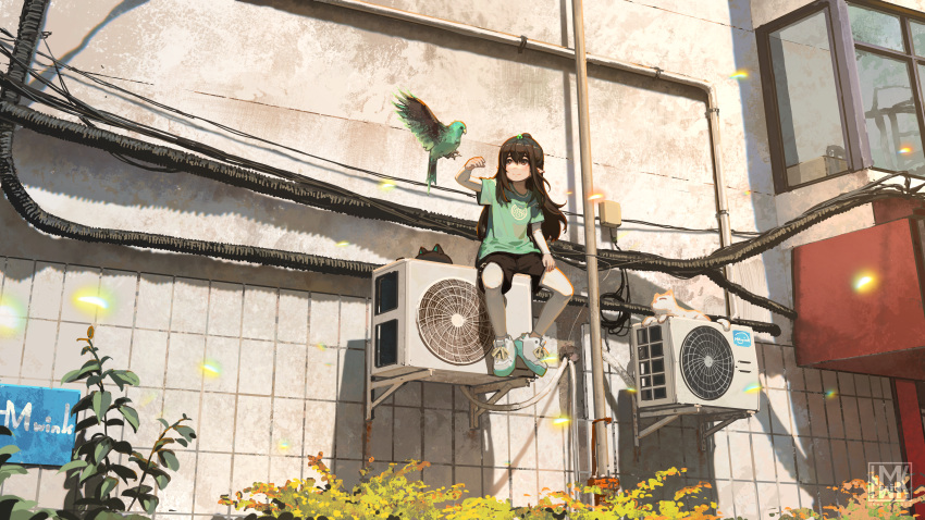 1girl absurdres air_conditioner animal bird black_hair building day elf green_shirt highres horns hua_ming_wink long_hair original outdoors pointy_ears shirt shoes single_horn sitting sneakers solo white_footwear