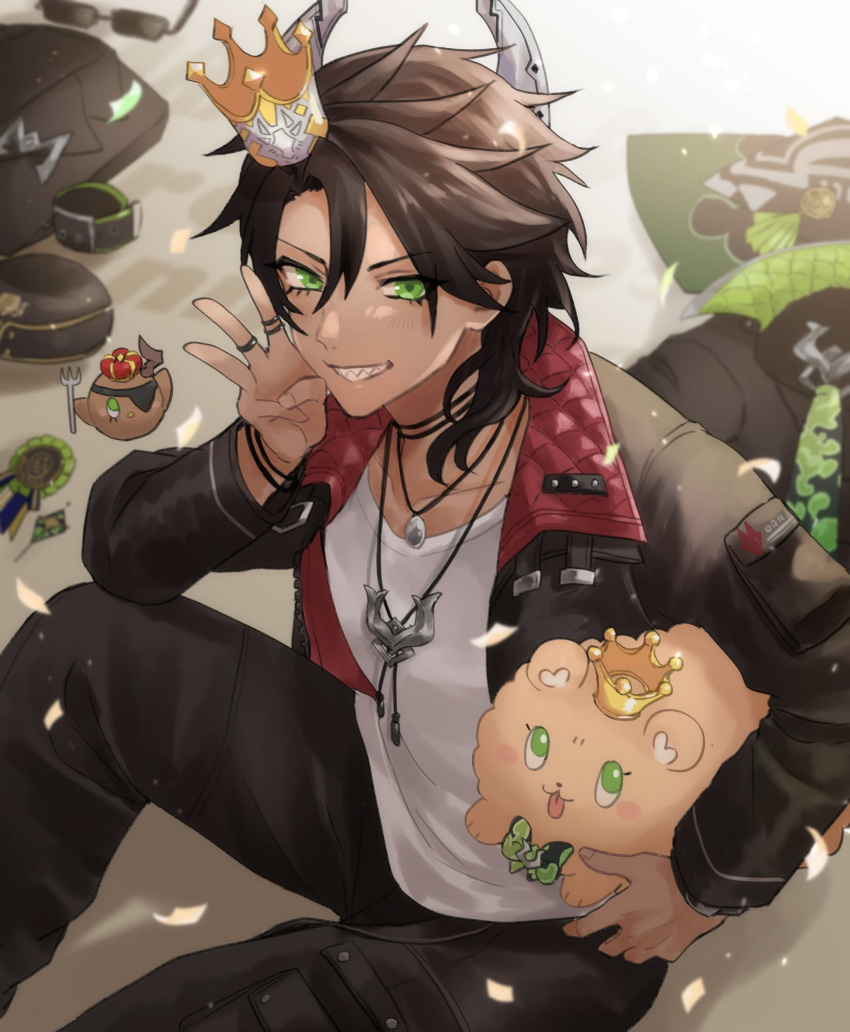 1boy animal aragami_oga award_ribbon black_hair black_jacket black_pants chungami clothes_removed confetti creature crown dark-skinned_male dark_skin dog earring_removed eyewear_removed feet_out_of_frame green_eyes grin hair_between_eyes highres holding holding_animal holostars horns jacket jewelry looking_at_viewer male_focus medium_hair middle_w mini_crown mioto_(tsubsq_m) multiple_rings official_alternate_costume on_floor padded_jacket pants pendant pomekorokke pomeranian_(dog) ring sharp_teeth shirt sitting smile solo sunglasses t-shirt teeth v-shaped_eyebrows virtual_youtuber w white_shirt