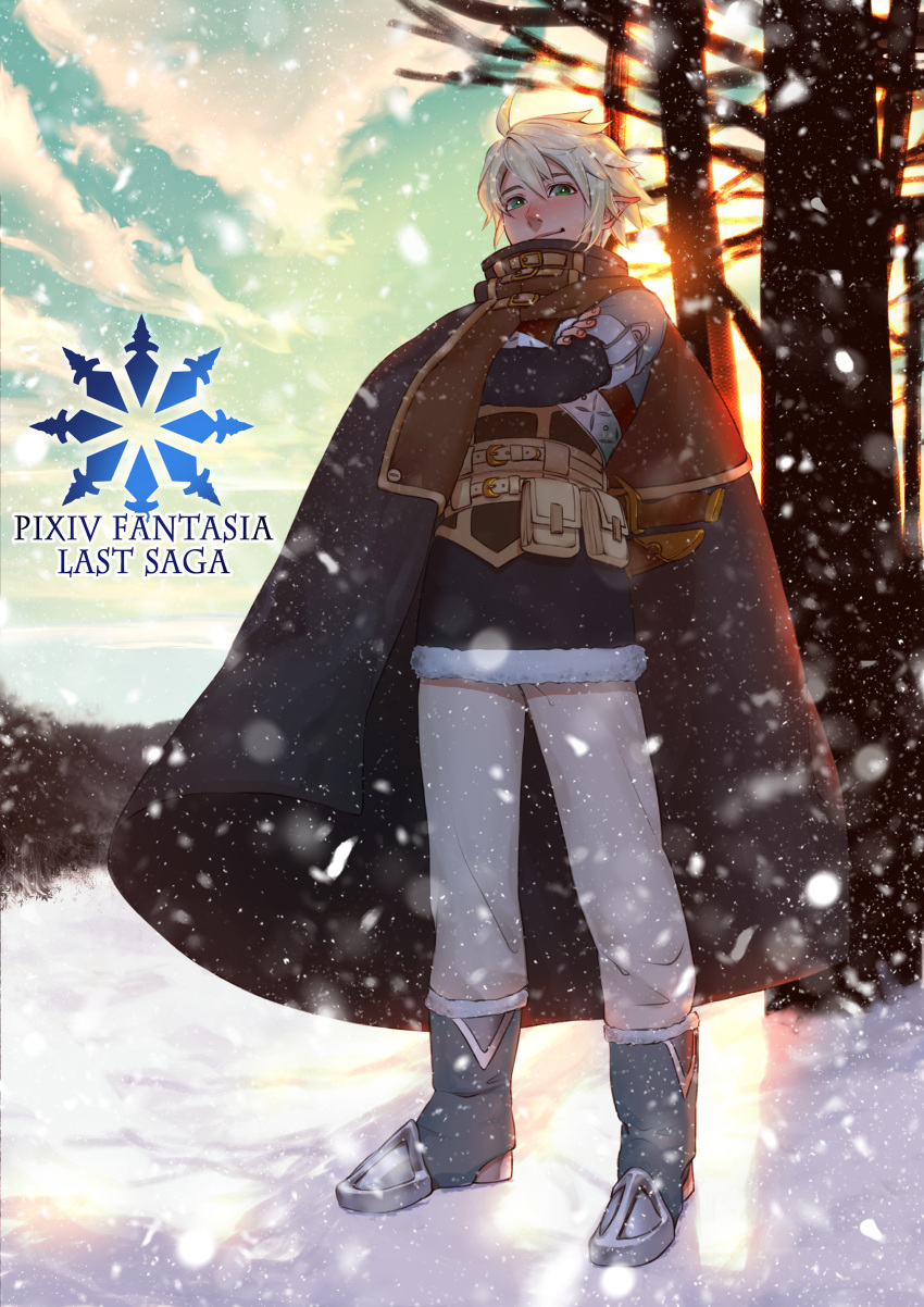 1boy absurdres ahoge bare_tree belt boots brown_cape brown_scarf cape clouds coat copyright_name crossed_arms day hair_between_eyes highres male_focus multiple_belts outdoors pixiv_fantasia pixiv_fantasia_last_saga pointy_ears pouch scarf sheath sheathed snow snowing solo soymilk_00 standing tree white_hair