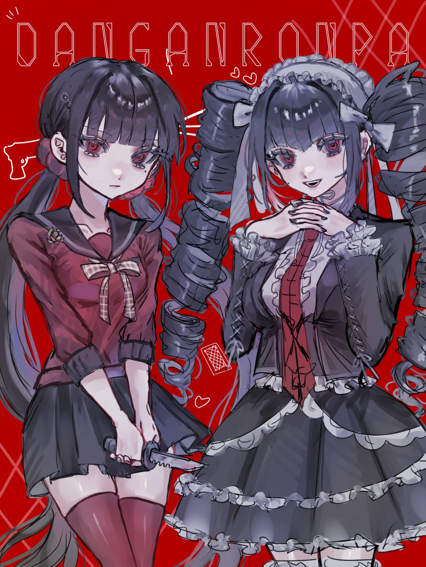 2girls :d black_hair black_jacket black_nails black_sailor_collar black_skirt breasts celestia_ludenberg center_frills closed_mouth copyright_name danganronpa:_trigger_happy_havoc danganronpa_(series) danganronpa_v3:_killing_harmony drill_hair earrings frilled_skirt frills grey_shirt hair_ornament hairclip harukawa_maki highres holding holding_knife jacket jewelry knife layered_skirt long_sleeves low_twintails miniskirt mole mole_under_eye multiple_girls nail_polish necktie ohn_(hiyu194) open_clothes open_jacket own_hands_together print_necktie red_background red_eyes red_necktie red_scrunchie red_shirt red_thighhighs sailor_collar scrunchie shiny_clothes shiny_skin shirt skirt small_breasts smile teeth thigh-highs twin_drills twintails zettai_ryouiki