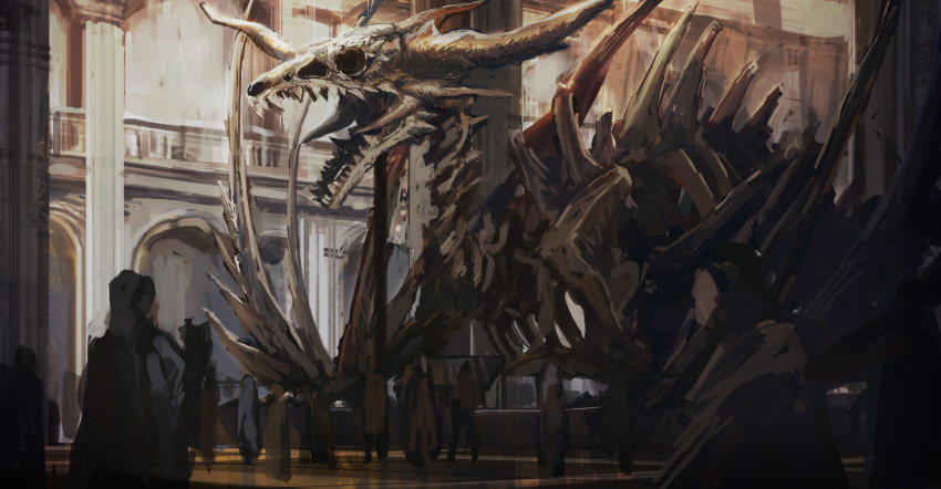 building commentary_request dragon fantasy haru_akira highres indoors museum original partial_commentary people skeleton standing