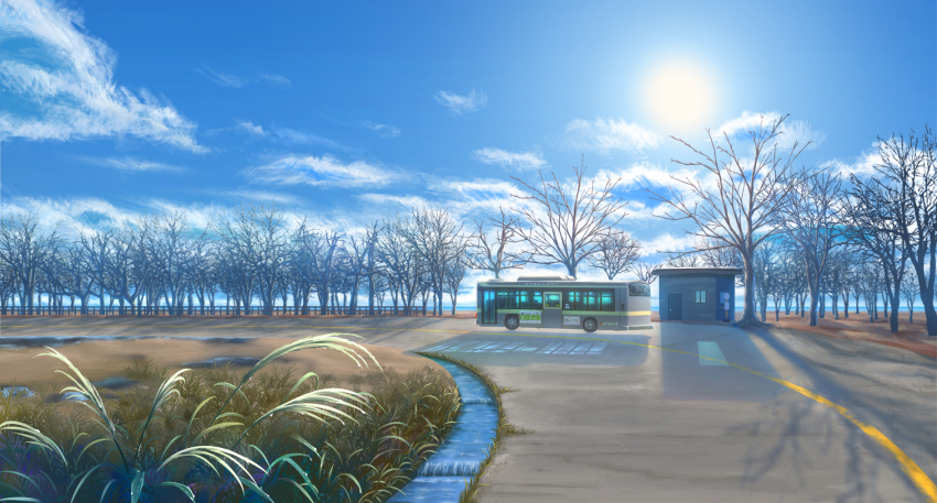 blue_sky bus bus_stop clouds commentary_request day grass highres landscape motor_vehicle original outdoors road scenery shadow sign sky snow sun tamikko tree window winter