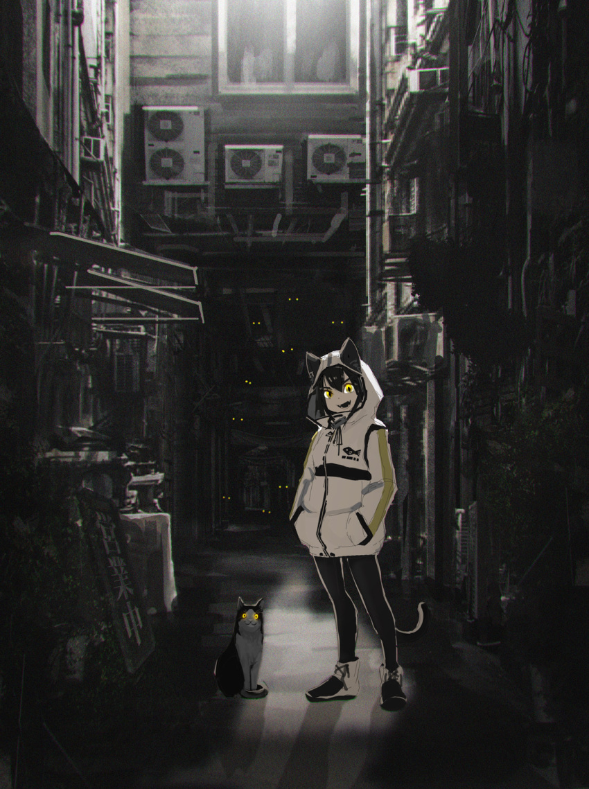 1girl air_conditioner alley animal_ears black_pants building canopy_(shelter) cat cat_ears cat_girl cat_tail commentary fangs film_grain hair_between_eyes hands_in_pockets haru_akira highres hood hood_up jacket long_hair long_sleeves looking_at_viewer open_mouth original pants scenery sidelocks sign slit_pupils solo standing tail translation_request white_jacket window yellow_eyes yoga_pants